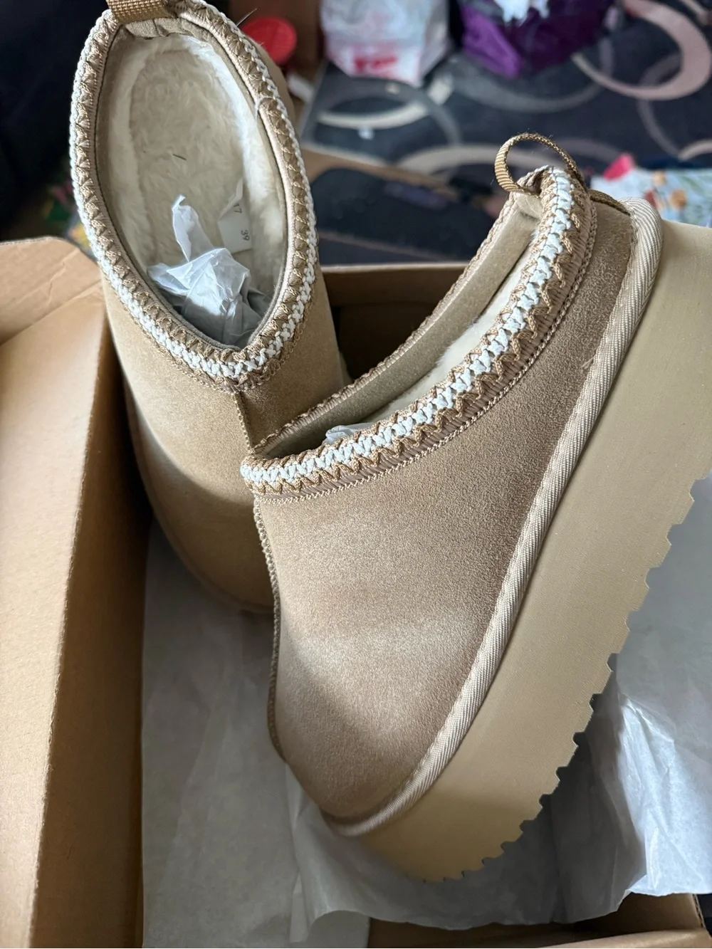 Mishansha Women's Mini Fur-Lined Suede Slippers in Taupe